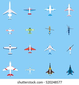 Airplanes set, top view in flat design style, vector illustration. Aircraft and military plane, helicopters collection.