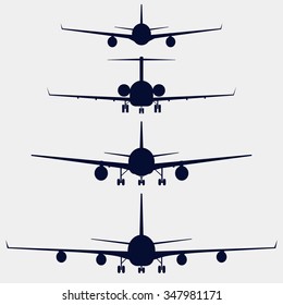 Airplanes silhouette, aircraft front view, aircraft vector icon, aircraft set