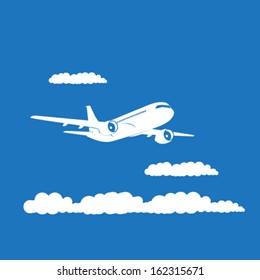 Airplane's silhouette with clouds on blue background. EPS10 vector.