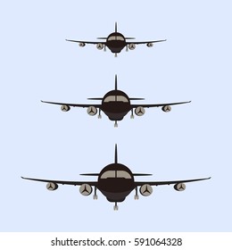 Airplanes silhouette front view, jet aircraft plane icon - vector