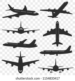 Airplanes silhouettes set. Plane silhouette isolated on transparent background. Passenger aircraft in different angles. Vector eps 10.