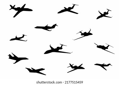 Airplanes silhouettes set. Plane silhouette isolated on transparent background. Passenger aircraft in different angles.