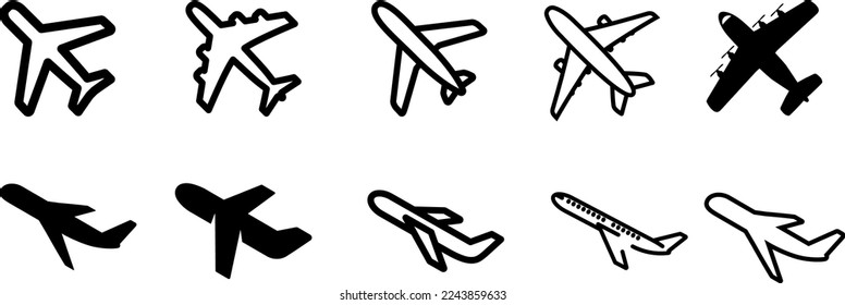 Airplanes silhouettes set. Plane silhouette isolated on transparent background. Passenger aircraft in different angles. Vector eps 10.