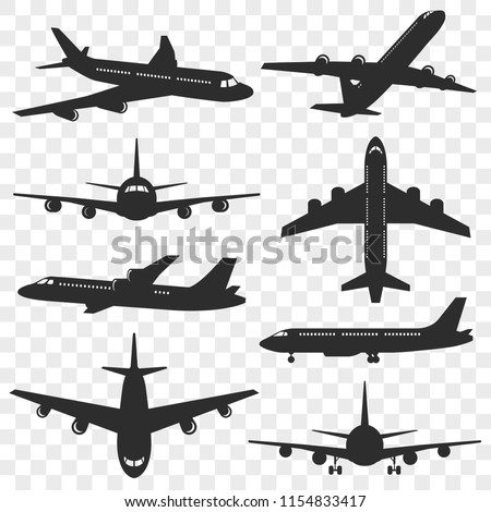 Airplanes silhouettes set. Plane silhouette isolated on transparent background. Passenger aircraft in different angles. Vector eps 10.