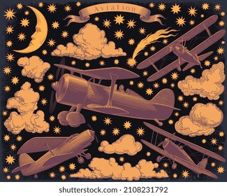 Airplanes in the sky. Design set. Editable hand drawn illustration. Vector vintage engraving. 8 EPS