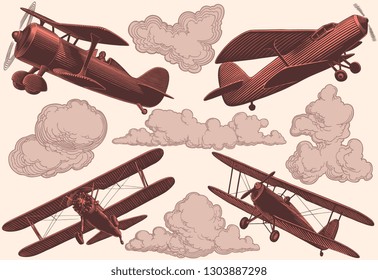 Airplanes in the sky. Design set. Hand drawn engraving. Editable vector vintage illustration. Isolated on light background. 8 EPS