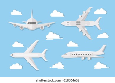 Airplanes in sky set. White planes on front view, side view and more in the sky background with clouds.