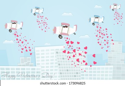 The airplanes spreading hearts over the city, greeting card for Valentine's Day, paper stylized