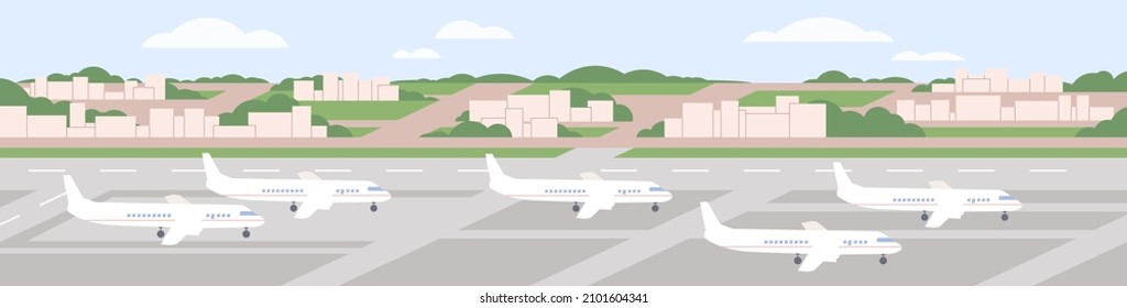 Flugzeuge stehen am Flughafen. Parkplätze für Flugzeuge am gepflasterten Handstand. Flugplatz-Parkplatz mit Passagierflugzeugen, Panoramalage. Flugzeuge auf der Landebahn, Panorama. Flache Vektorgrafik