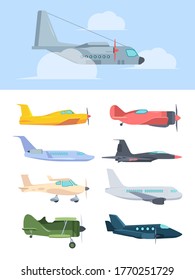 Airplanes stylish set. Big passenger liners cargo plane retro propeller corncob super powerful combat fighter small high speed private jet golfstream compact training aircraft. Color cartoon vector.