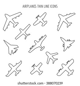 Airplanes thin line icons. Plane black outline images on white background. Vector illustration