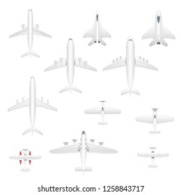 Airplanes top view set. Commercial, private, cargo and military airplanes icon set in top view. Vector.