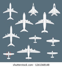 Airplanes top view set. Commercial, private, cargo and military airplanes icon set in top view. Vector.