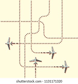 Airplanes with trails. Aircrafts tracking. Vector illustration