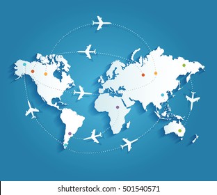 Airplanes trajectories on world map. Vector Illustration. 