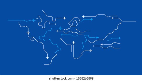 Airplanes travel abstract background - flying airplanes routes in the shape of the world map - Aviation and air travel concept - line art vector blue