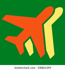 Airplanes vector icon. Style is flat bicolor orange and yellow symbol, rounded angles, green background.