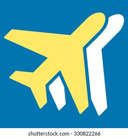 Airplanes vector icon. Style is flat bicolor yellow and white symbol, rounded angles, blue background.