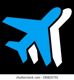 Airplanes vector icon. Style is flat bicolor blue and white symbol, rounded angles, black background.