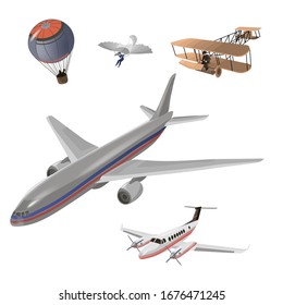 Airplanes vector image design set. Balloon, hang glider, old airplane model, private jet, passenger airplane. Transportation and aircraft illustration and design element set