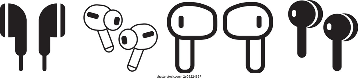 Airpods earphones vector icons. Earphones icons. Headphones icon set. AirPods symbols