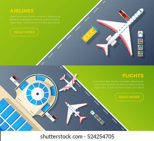 Airport 2 top view banners set design for airlines internet webpage with flights information isolated vector illustration