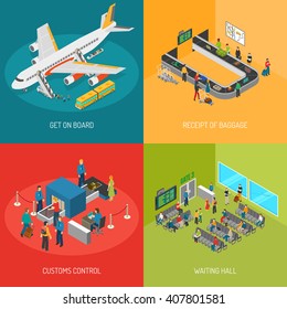Airport 2x2 images presenting get on board receipt of baggage customs control and waiting hall isometric vector illustration