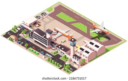 Airport with aerodrome for commercial air transport, landing area, runway for plane to land, utility buildings, control tower for monitor aircraft, hangars, terminal. Isometric vector illustration