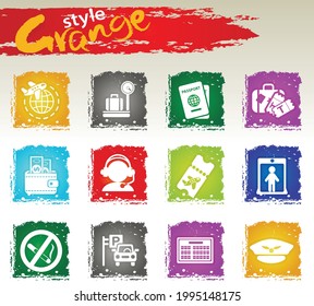 Airport and air carrier services icons set for user interface design. Grange icons style