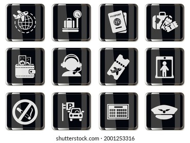 Airport and air carrier services pictograms in black chrome buttons. icons set for user interface design