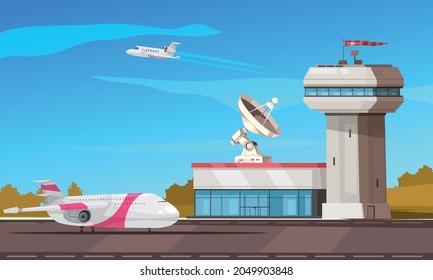 Airport air traffic control tower radar facility cartoon composition with passenger aircrafts landing and takeoff vector illustration