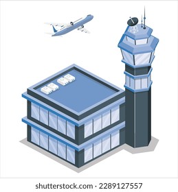 Airport Air Traffic Control Tower Building in Clay Style on a white background. 3D airstrip of the city international airport terminal and the plane transportation and airplane runway, aircraft jet.