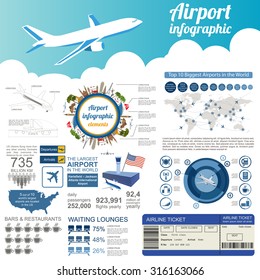 Airport, air travel infographic with design elements. Infographic template with statistical data. Vector illustration