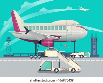 Airport with aircraft flat style vector illustration. Cartoon colorful image.