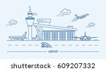 Airport, aircraft. Lineart black and white vector illustration with air terminal and airplanes.