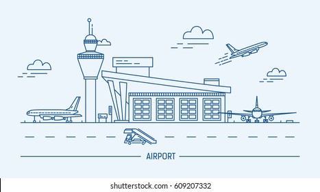 Airport, aircraft. Lineart black and white vector illustration with air terminal and airplanes.
