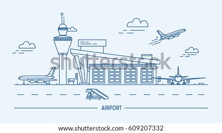 Airport, aircraft. Lineart black and white vector illustration with air terminal and airplanes.