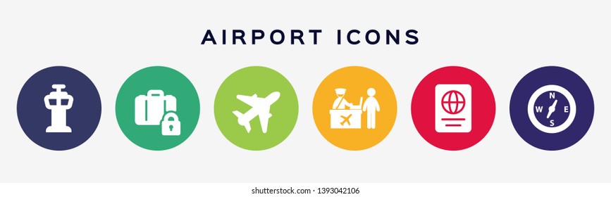 Airport, aircraft. Set of six colored circle buttons with flat airport services, air terminal and airplanes icon.
