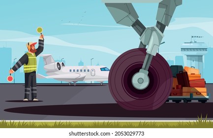 Airport airfield cartoon composition with marshaller signaling near aircraft landing gear wheel and luggage loader vector illustration 
