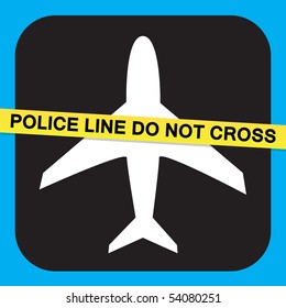 Airport airline security screening illustration relating to terrorist or criminal activity with police tape the says POLICE LINE DO NOT CROSS.