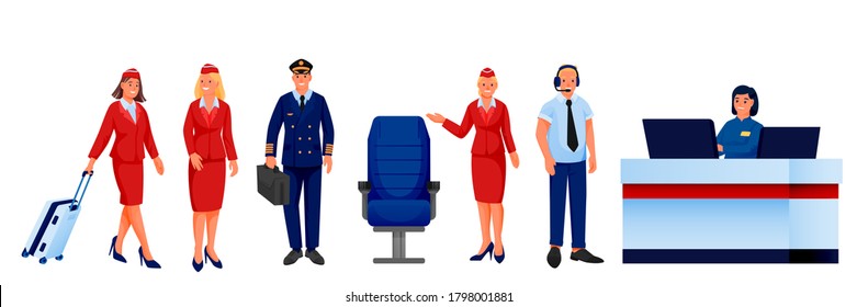 Airport Airline Staff Team Isolated On White Background. Vector Illustration. Men Women Professional Aviation Workers. Pilot, Stewardess, Registration Desk Manager, Flight Dispatcher Characters Set