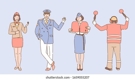 Airport and airline workers in uniform vector cartoon illustration. Aircrew, flight attendants or stewardess showing safety instructions, pilot and airport employee signaling outline characters.
