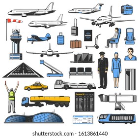 Airport and airplane icons, aviation vector design. Planes, passenger and flight ticket, luggage, passport and security control gate, scanner, departure or arrival terminal, pilot and stewardess