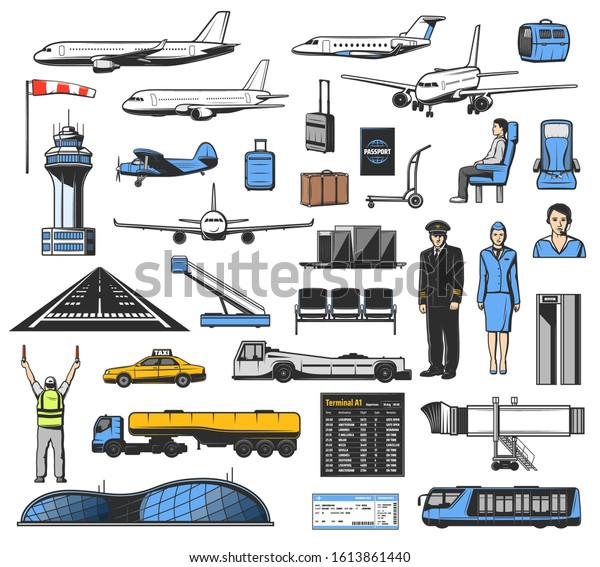 Airport and airplane icons, aviation vector\
design. Planes, passenger and flight ticket, luggage, passport and\
security control gate, scanner, departure or arrival terminal,\
pilot and stewardess