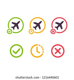 Airport airplane icons. Flight on time, delayed and cancelled. Isolated illustration set.