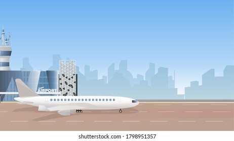 The airport. Airplane on the runway. Flat style. Vector.