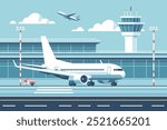 Airport with an airplane on the runway. Vector illustration in minimalistic style.