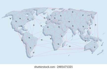 Airport and airplane routes on 3D world map