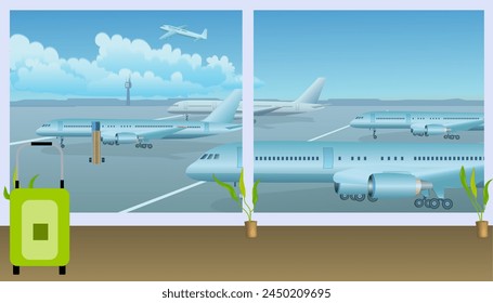 Airport with airplanes seen from inside of waiting hall with a suitcase in the foreground. Vector illustration.
