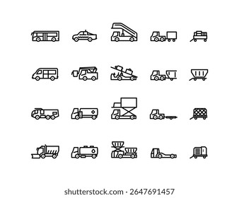 Aeroporto Airside Vehicles Icons: Vetor Conjunto de Escadas Móveis, Carrinhos de Bagagem, Rebocador Pushback, Carregador de Correia, Carregador de Carga, Ônibus de Passageiros e mais
